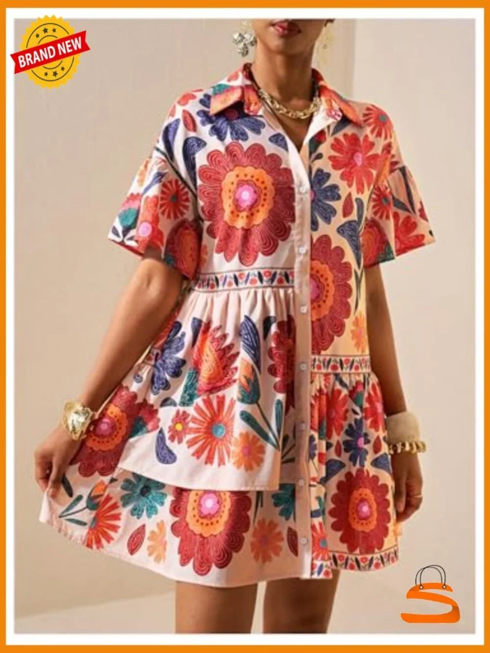 Floral Button Down Shirt Dress Short Sleeve Ruffle Hem Flowy Babydoll Dress